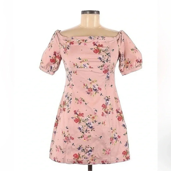 Leith | Pink Floral Off The Shoulder Puff Sleeve Mini Dress Size M Medium - Picture 1 of 5